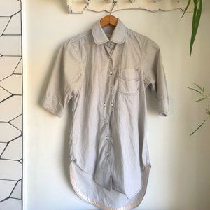 Billy Reid designer black & white pinstriped, 3/4 sleeve, button-up tunic shirt